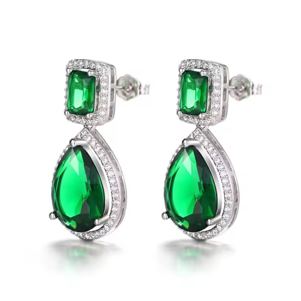 Diamond Emerald Green Teardrop Crystal Earrings – Luxury Silver Halo Design - Picture 5 of 6